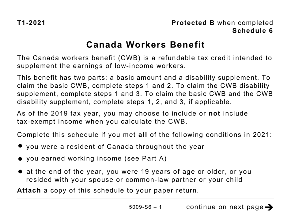 Form 5009-S6 Schedule 6 Canada Workers Benefit (Large Print) - Canada, Page 1