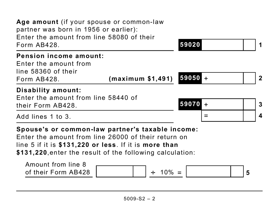 Form 5009-S2 Schedule AB(S2) Provincial Amounts Transferred From Your Spouse or Common-Law Partner (Large Print) - Canada, Page 2