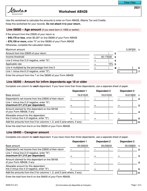 Form 5009-D Worksheet AB428 2021 Printable Pdf