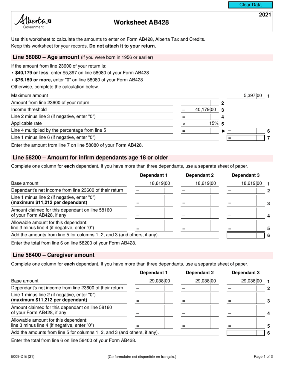 Form 5009-D Worksheet AB428 Alberta - Canada, Page 1