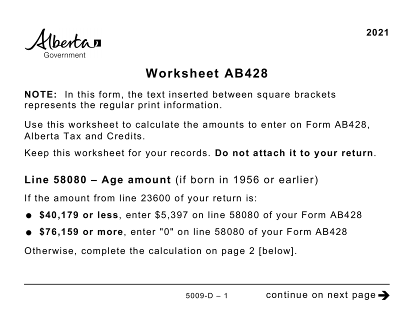 Form 5009-D Worksheet AB428 2021 Printable Pdf