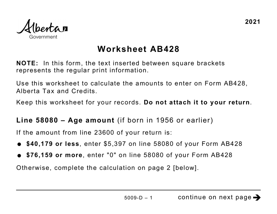 Form 5009-D Worksheet AB428 Alberta (Large Print) - Canada, Page 1