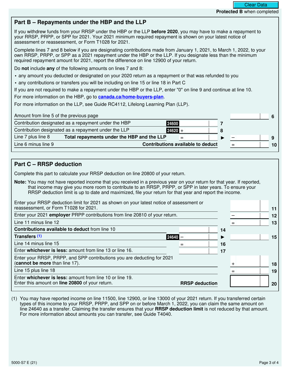 Form 5000-S7 Schedule 7 Rrsp, Prpp, and Spp Unused Contributions, Transfers, and Hbp or LLP Activities - Canada, Page 3