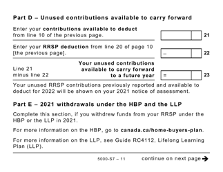 Form 5000-S7 Schedule 7 Rrsp, Prpp, and Spp Unused Contributions, Transfers, and Hbp or LLP Activities (Large Print) - Canada, Page 11