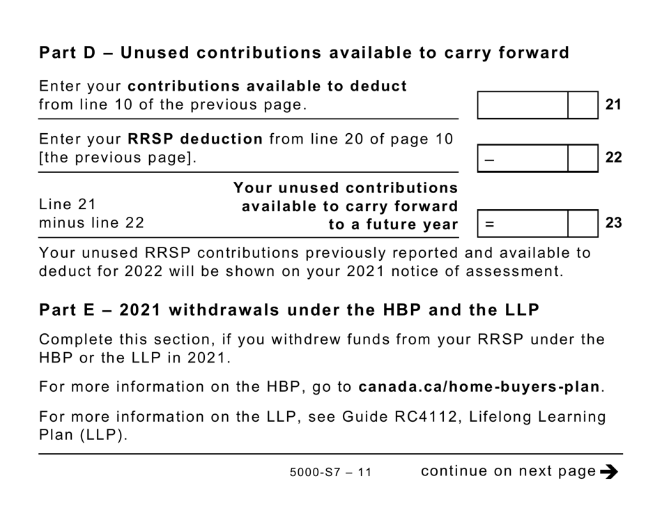Form 5000-S7 Schedule 7 Rrsp, Prpp, and Spp Unused Contributions, Transfers, and Hbp or LLP Activities (Large Print) - Canada, Page 11