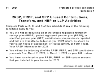 Form 5000-S7 Schedule 7 Rrsp, Prpp, and Spp Unused Contributions, Transfers, and Hbp or LLP Activities (Large Print) - Canada
