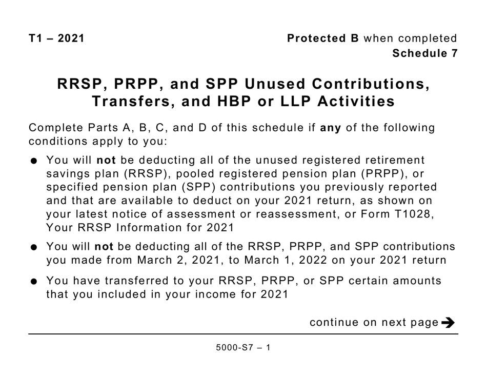 Form 5000-S7 Schedule 7 Rrsp, Prpp, and Spp Unused Contributions, Transfers, and Hbp or LLP Activities (Large Print) - Canada, Page 1