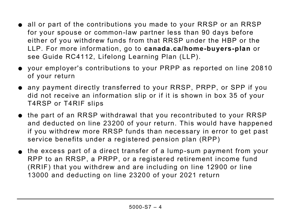 Form 5000-S7 Schedule 7 Rrsp, Prpp, and Spp Unused Contributions, Transfers, and Hbp or LLP Activities (Large Print) - Canada, Page 4