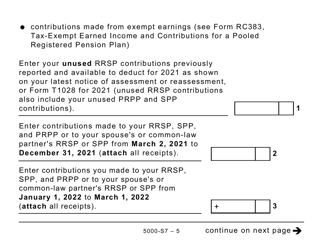 Form 5000-S7 Schedule 7 Rrsp, Prpp, and Spp Unused Contributions, Transfers, and Hbp or LLP Activities (Large Print) - Canada, Page 5