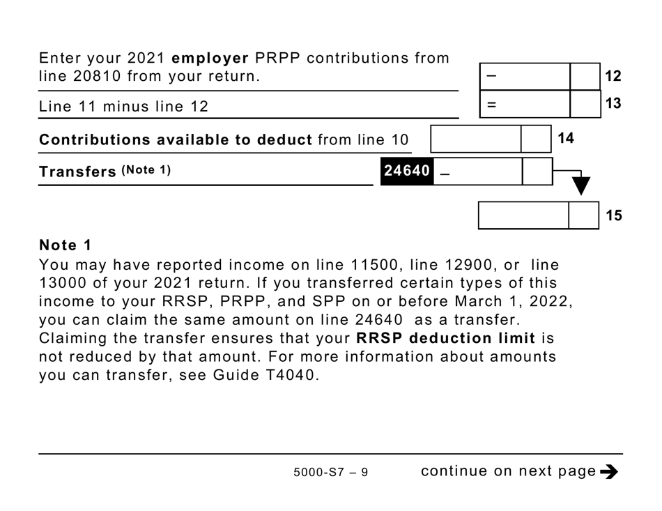 Form 5000-S7 Schedule 7 Rrsp, Prpp, and Spp Unused Contributions, Transfers, and Hbp or LLP Activities (Large Print) - Canada, Page 9