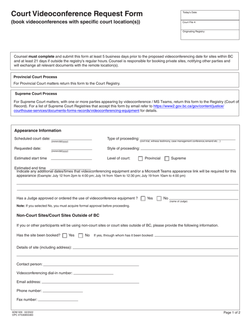 Form ADM509 Court Videoconference Request Form - British Columbia, Canada