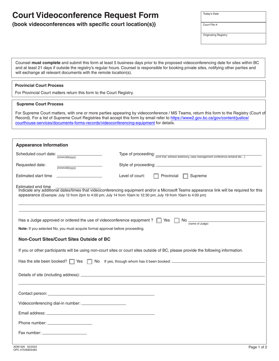 Form ADM509 Court Videoconference Request Form - British Columbia, Canada, Page 1