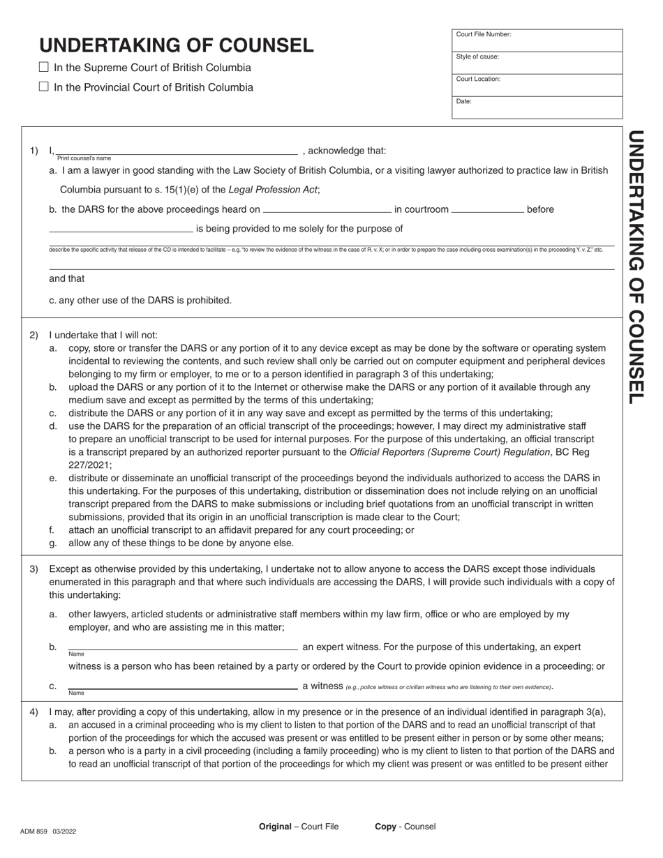Form ADM859 Undertaking of Counsel - British Columbia, Canada, Page 1