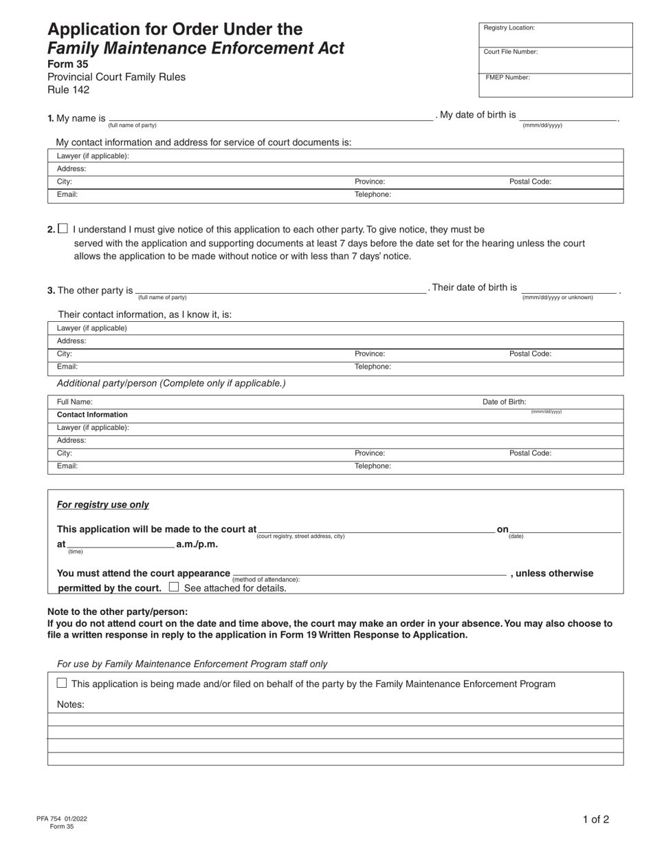 Form 35 (PFA754) Application for Order Under the Family Maintenance Enforcement Act - British Columbia, Canada, Page 4