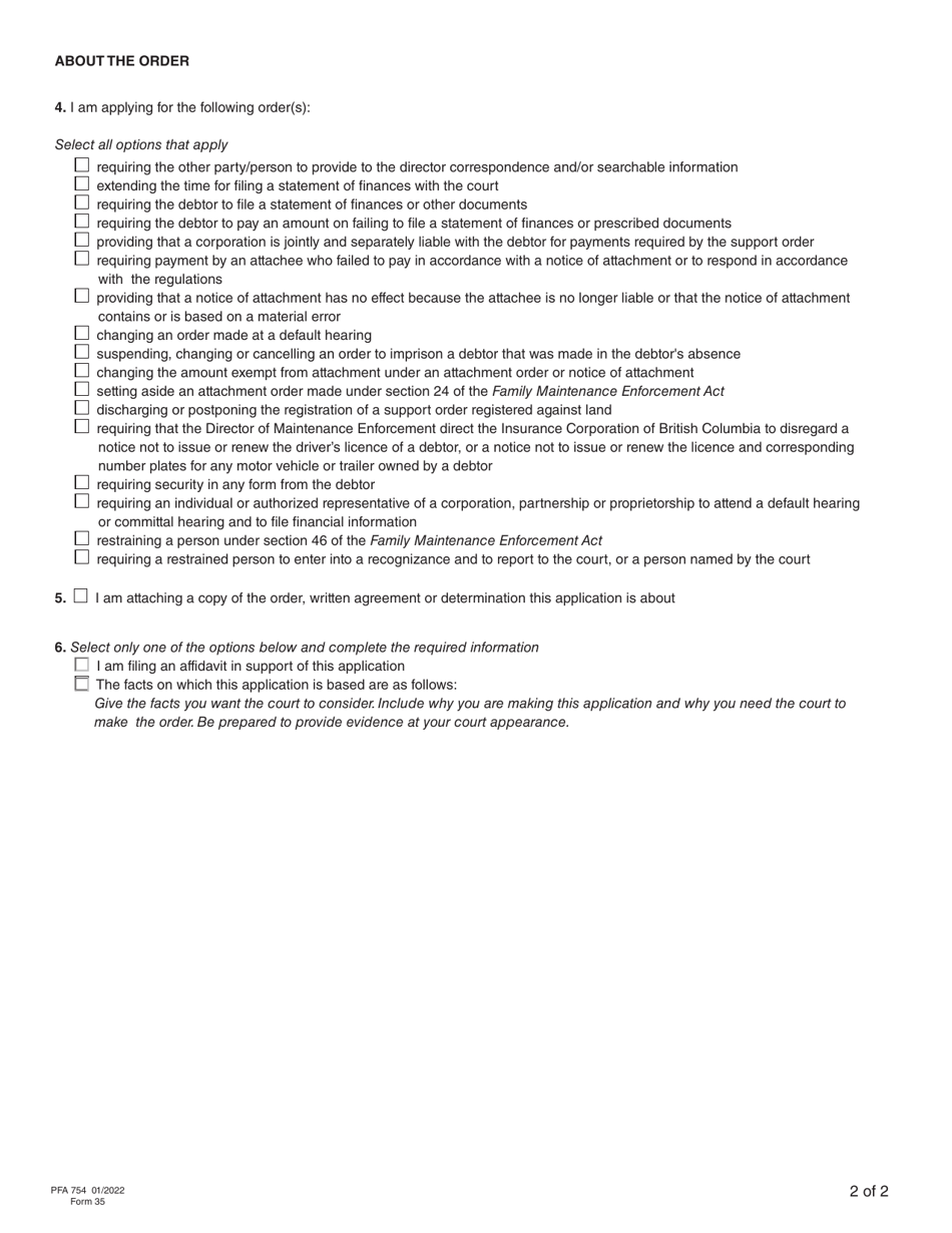 Form 35 (PFA754) Application for Order Under the Family Maintenance Enforcement Act - British Columbia, Canada, Page 6