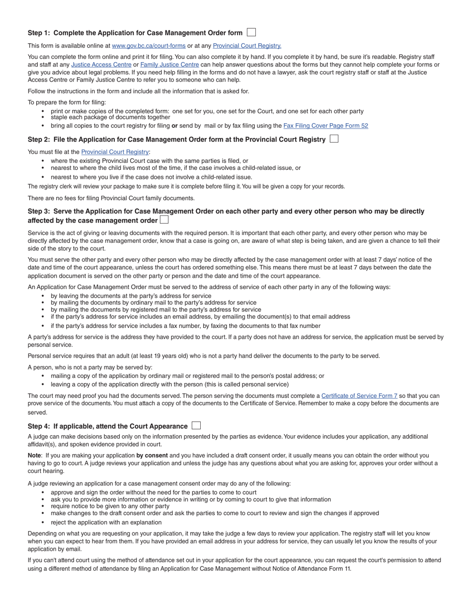 Form 10 (PFA717) Application for Case Management Order - British Columbia, Canada, Page 2