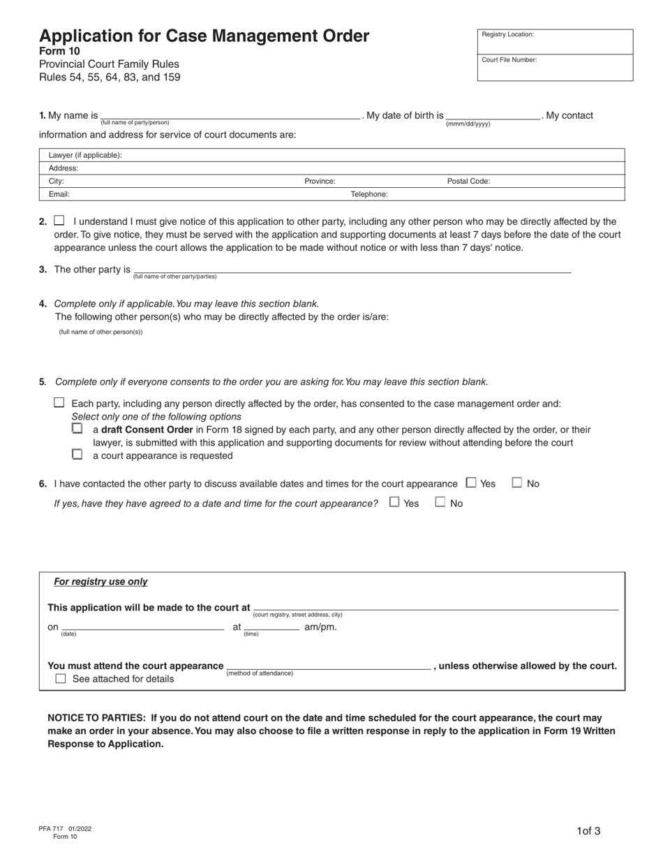 Form 10 (PFA717) Application for Case Management Order - British Columbia, Canada, Page 4