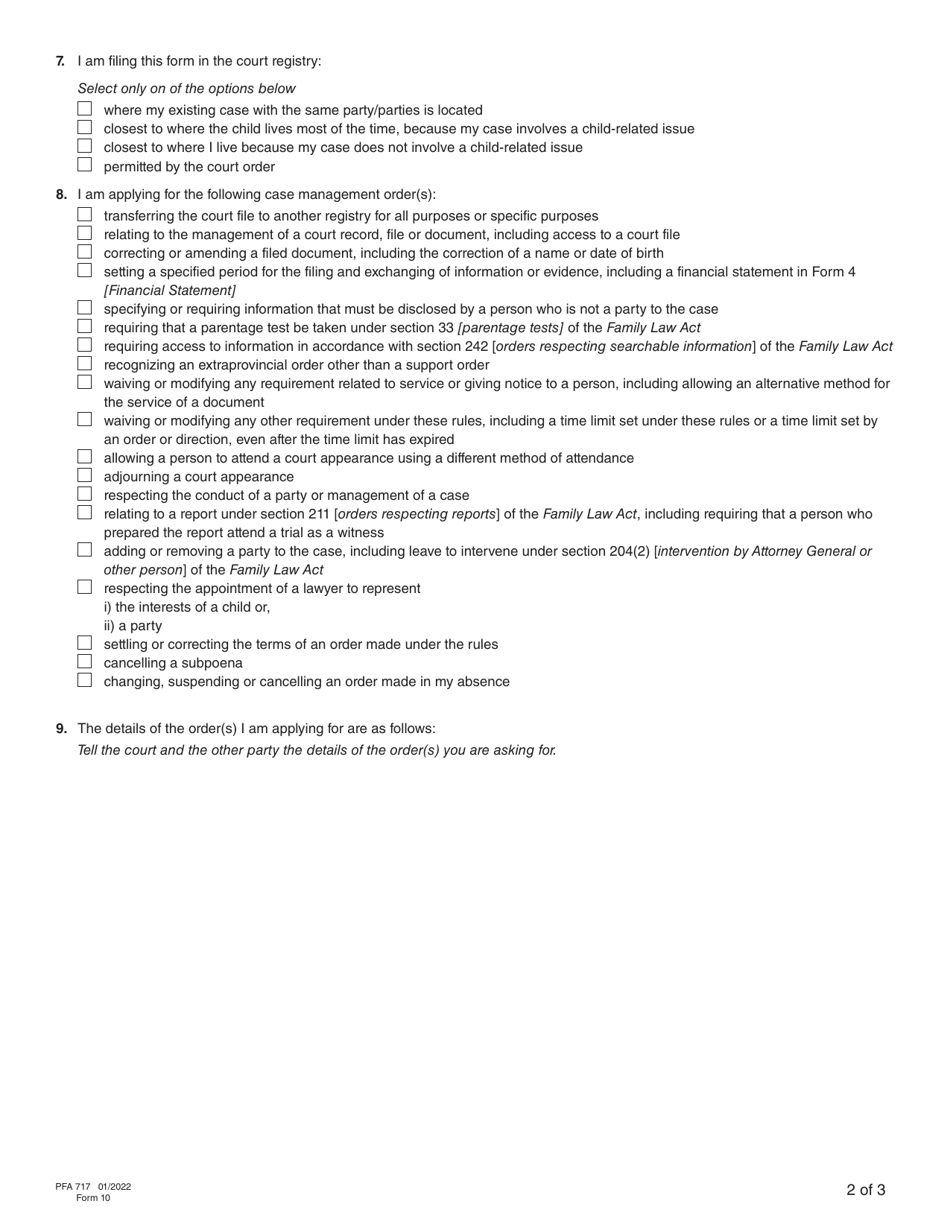Form 10 (PFA717) Application for Case Management Order - British Columbia, Canada, Page 6