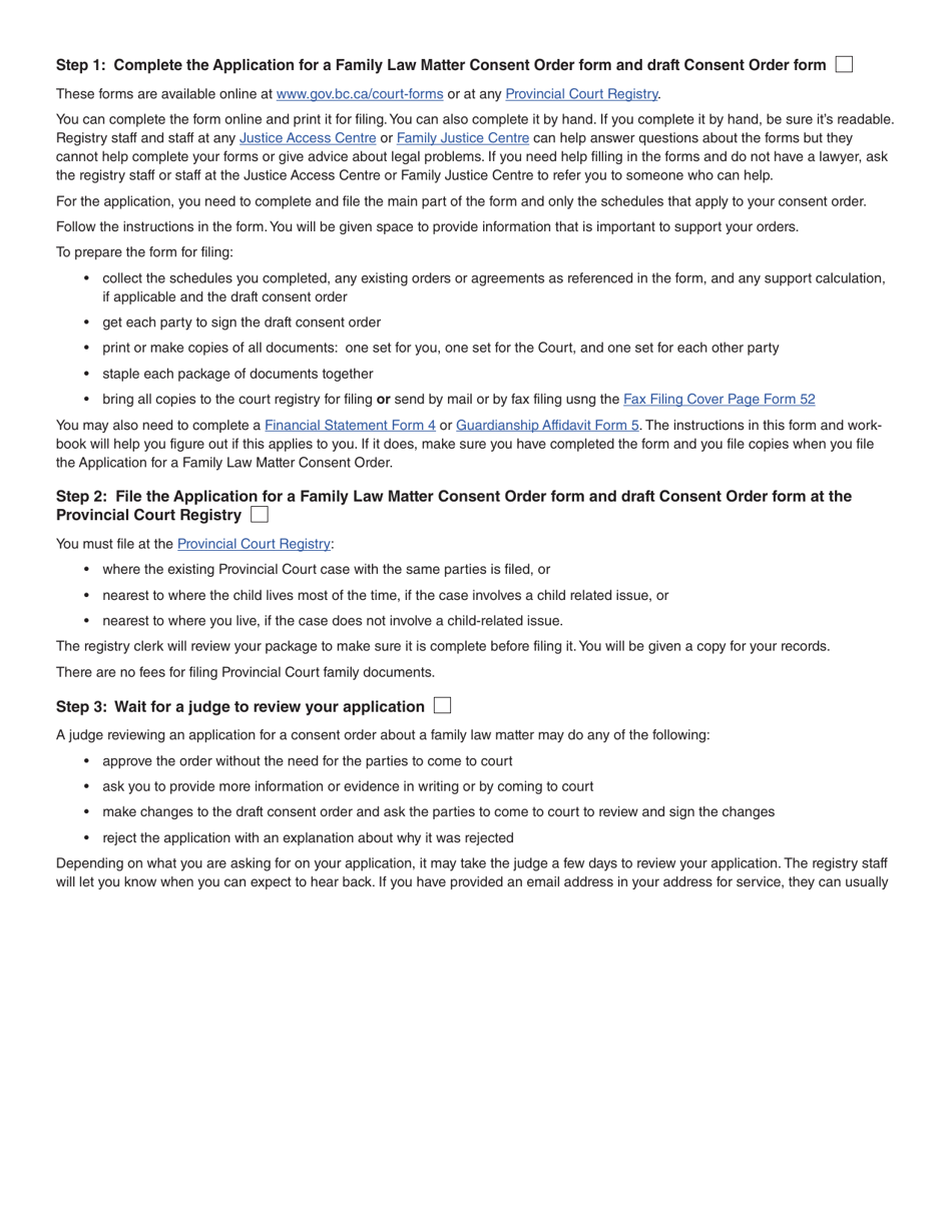 Form 17 (PFA723) Application for a Family Law Matter Consent Order - British Columbia, Canada, Page 2