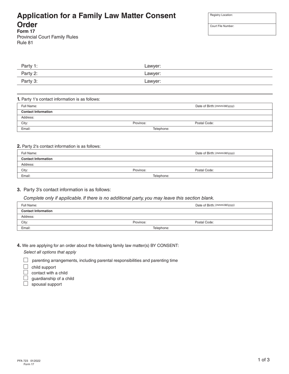 Form 17 (PFA723) Application for a Family Law Matter Consent Order - British Columbia, Canada, Page 4
