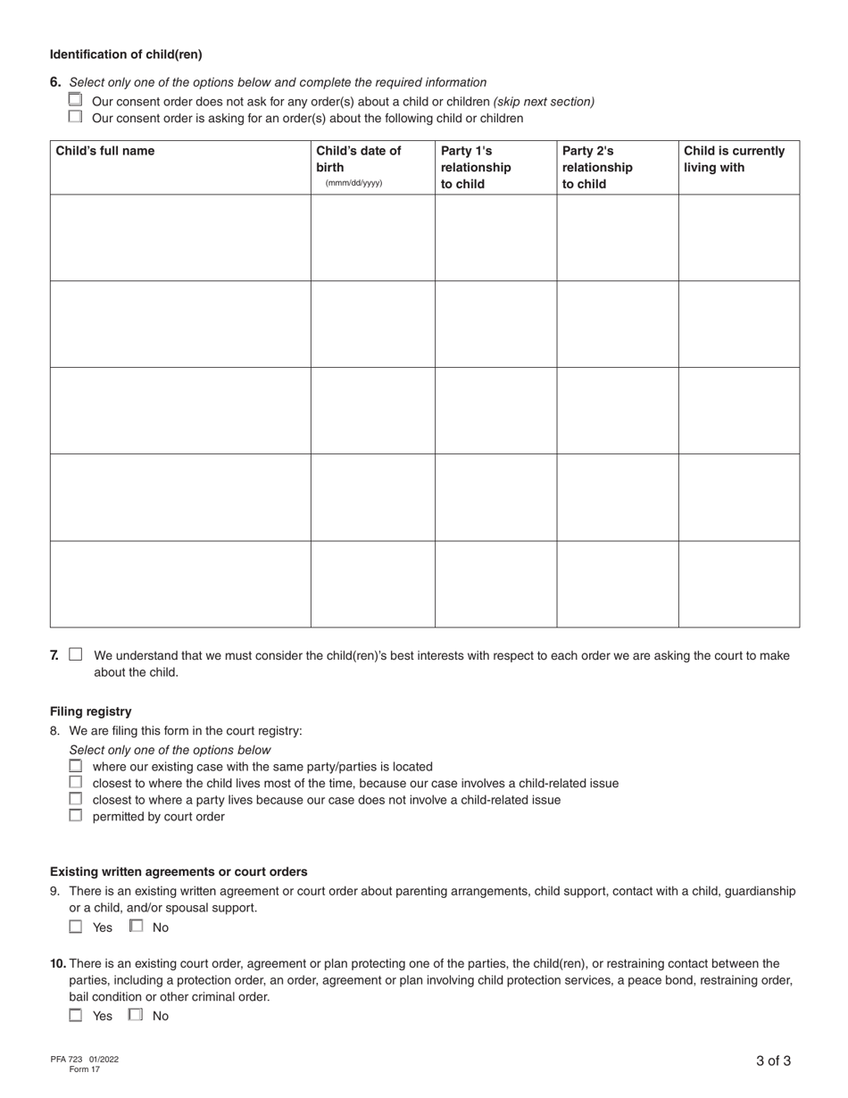 Form 17 (PFA723) Application for a Family Law Matter Consent Order - British Columbia, Canada, Page 8