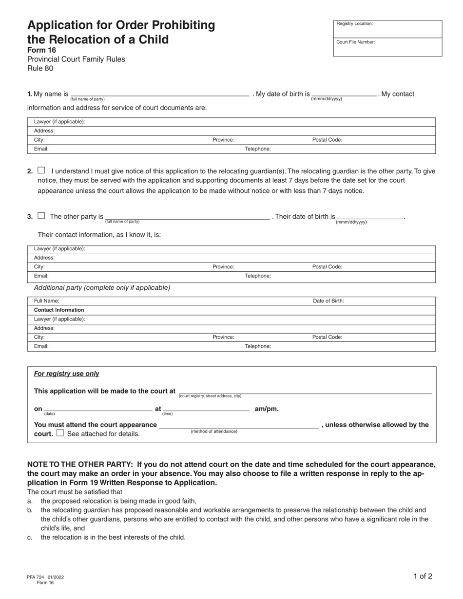 Form 16 (PFA724) Application for Order Prohibiting the Relocation of a Child - British Columbia, Canada, Page 4