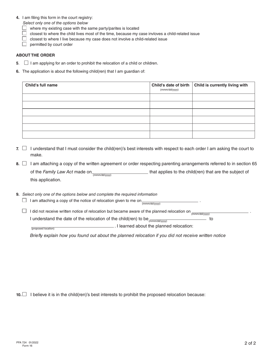 Form 16 (PFA724) Application for Order Prohibiting the Relocation of a Child - British Columbia, Canada, Page 6