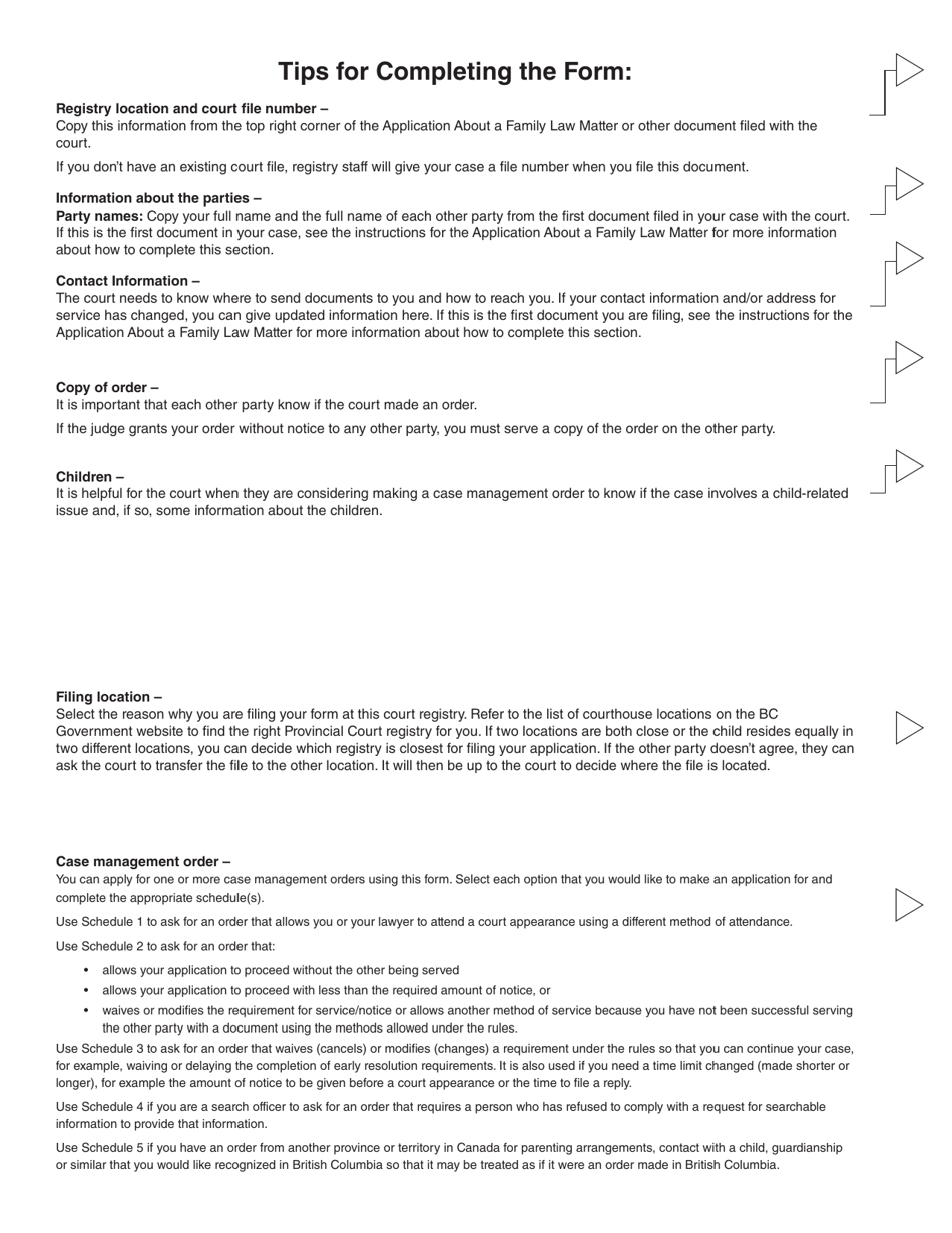 Form 11 (PFA718) Application for Case Management Order Without Notice or Attendance - British Columbia, Canada, Page 3