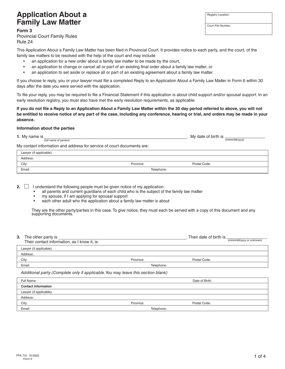 Form 3 (PFA712) Application About a Family Law Matter - British Columbia, Canada, Page 4
