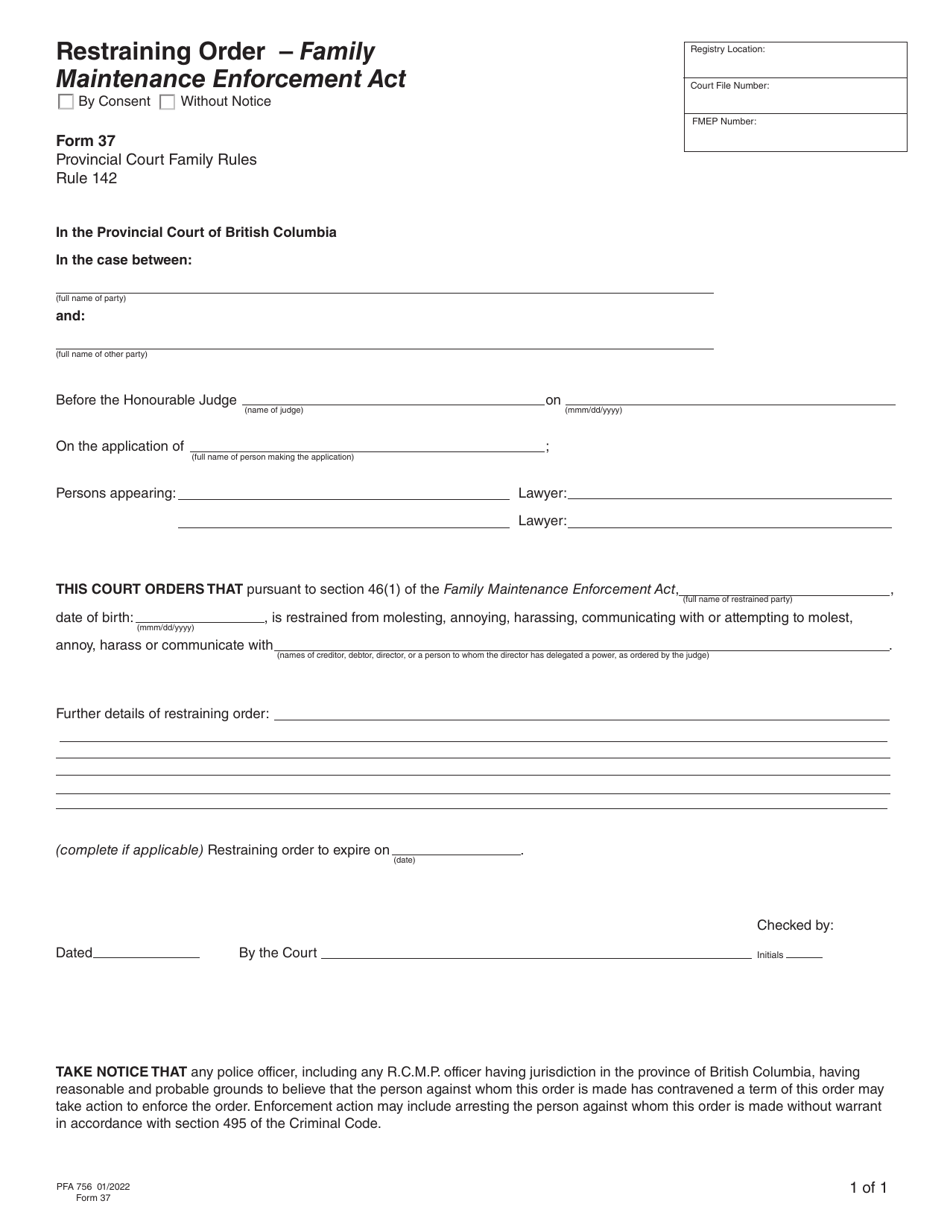 Form 37 (PFA756) Restraining Order - Family Maintenance Enforcement Act - British Columbia, Canada, Page 1