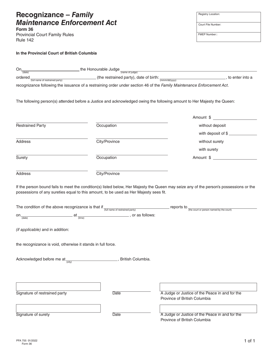 Form 36 (PFA755) Recognizance - Family Maintenance Enforcement Act - British Columbia, Canada, Page 1
