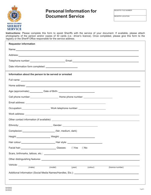 Form SHS852 Personal Information for Document Service - British Columbia, Canada