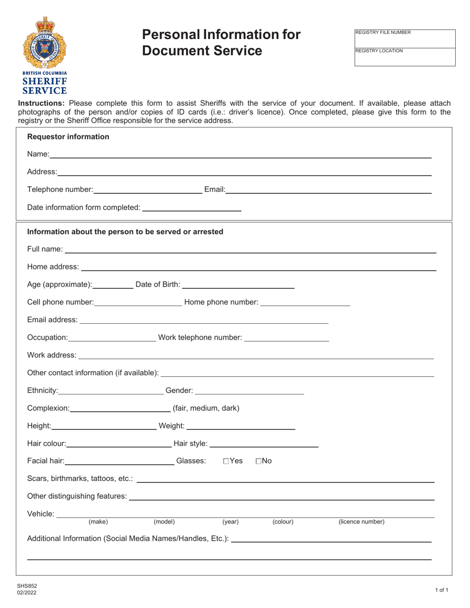Form SHS852 Personal Information for Document Service - British Columbia, Canada, Page 1