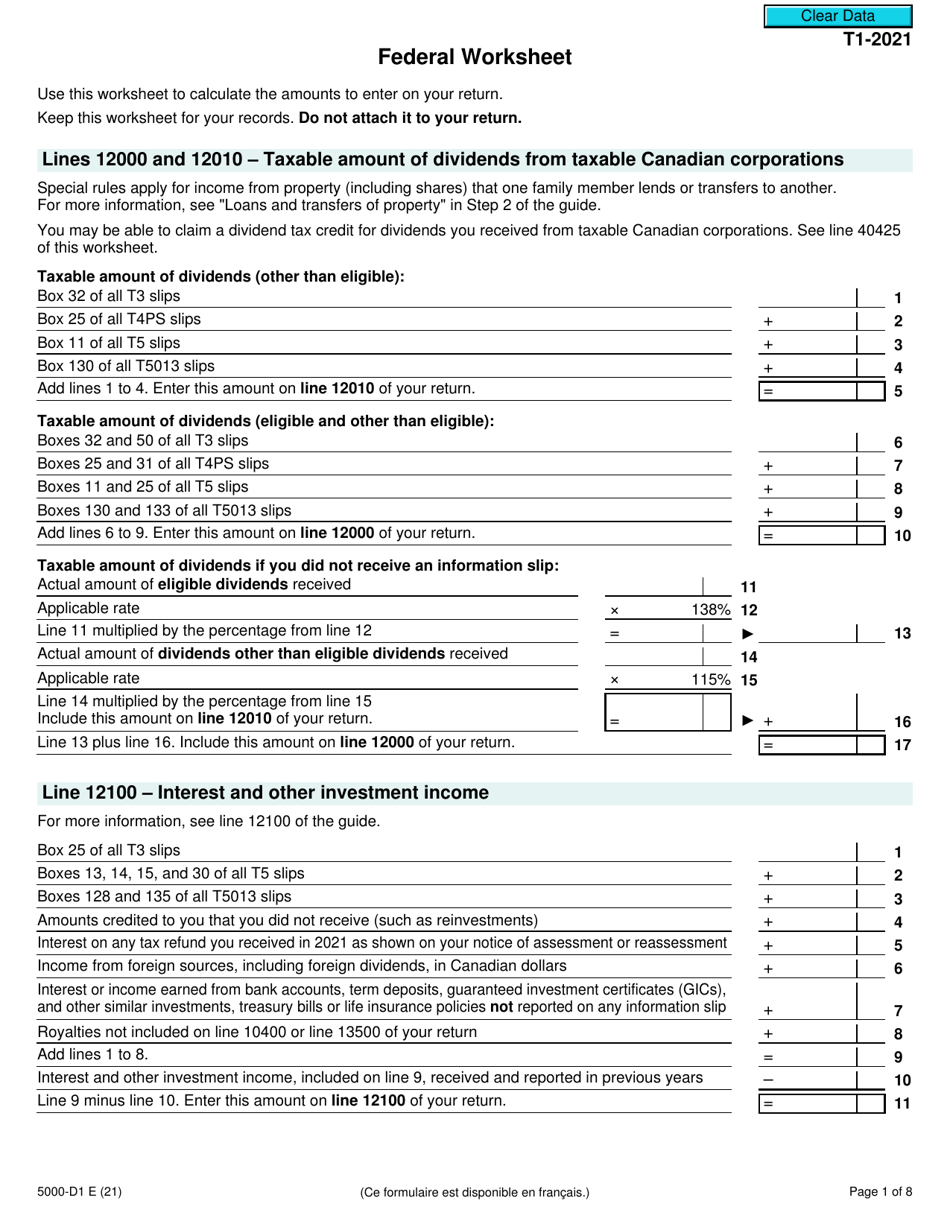 Form 5000-D1 Federal Worksheet - Canada, Page 1