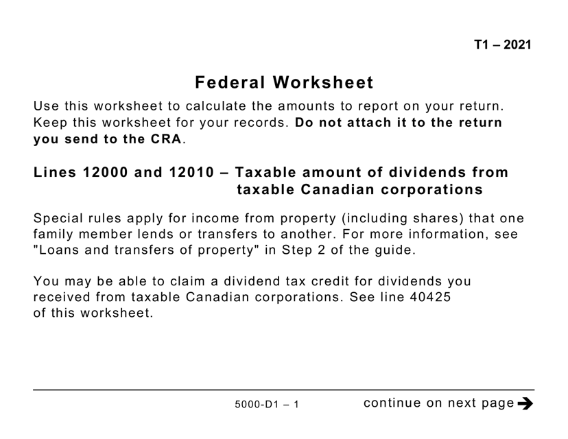Form 5000-D1 Federal Worksheet (Large Print) - Canada, 2021