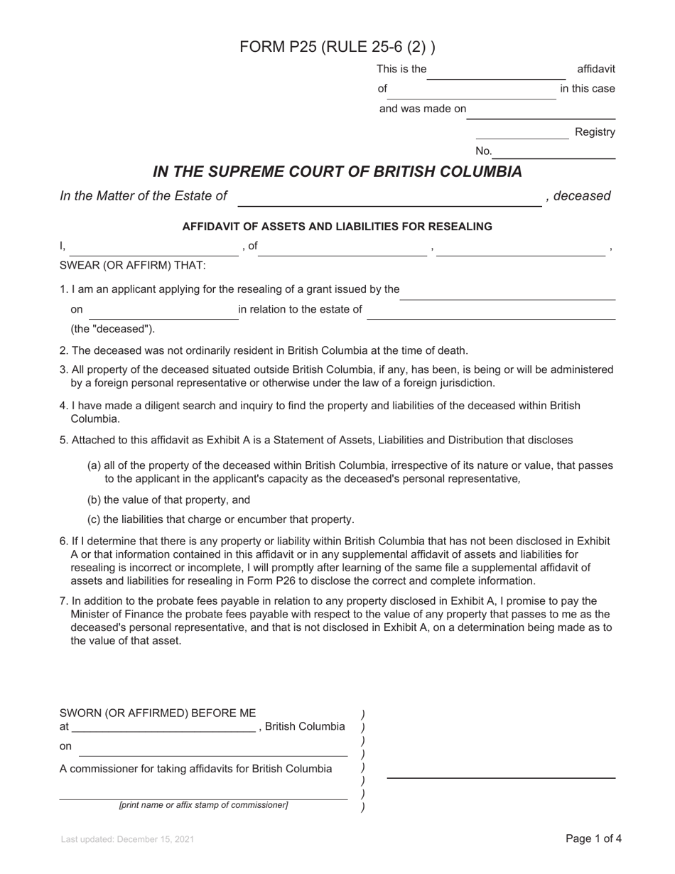 Form P25 Affidavit of Assets and Liabilities for Resealing - British Columbia, Canada, Page 1