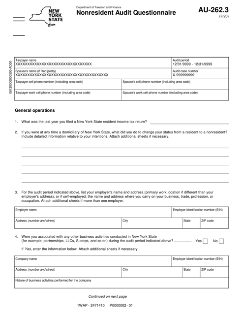 Form AU-262.3 Nonresident Audit Questionnaire - New York