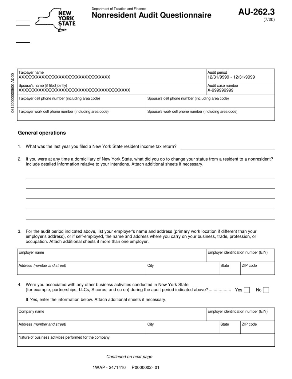 Form AU-262.3 Nonresident Audit Questionnaire - New York, Page 1