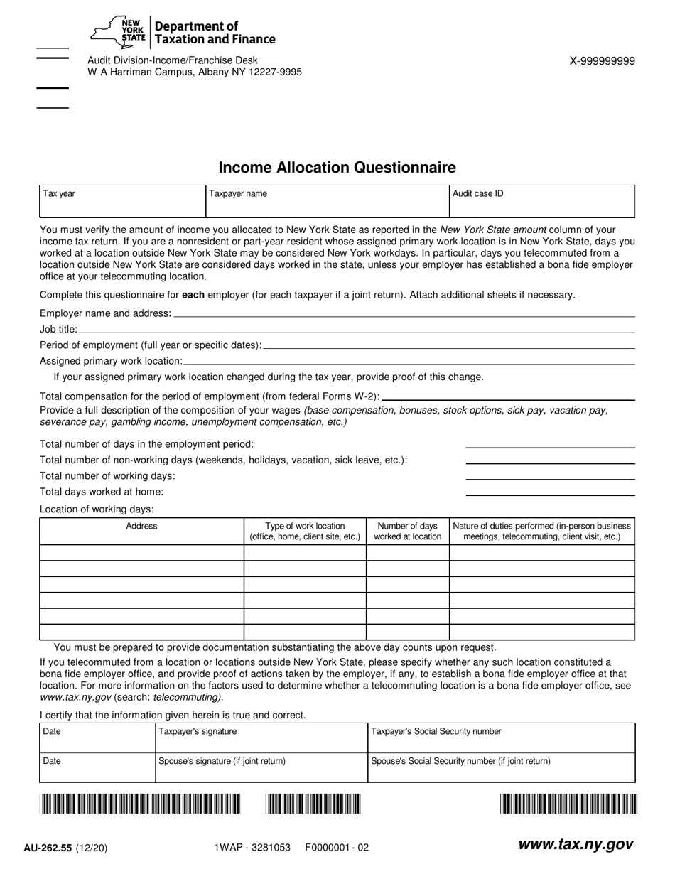Form AU-262.55 Income Allocation Questionnaire - New York, Page 1