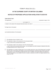 Document preview: Form P1 Notice of Proposed Application in Relation to Estate - British Columbia, Canada