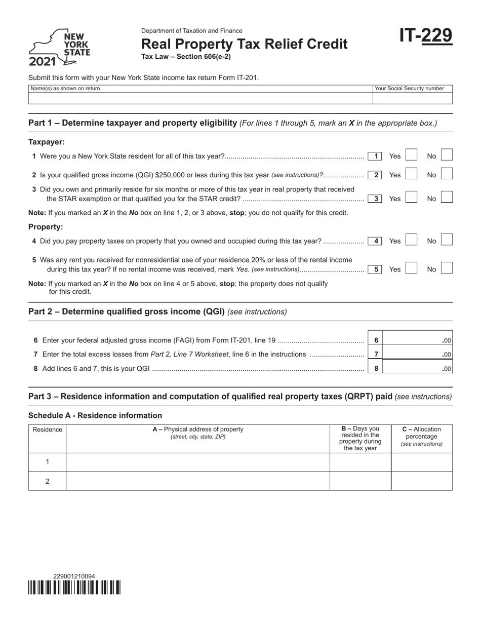 Form IT-229 Real Property Tax Relief Credit - New York, Page 1