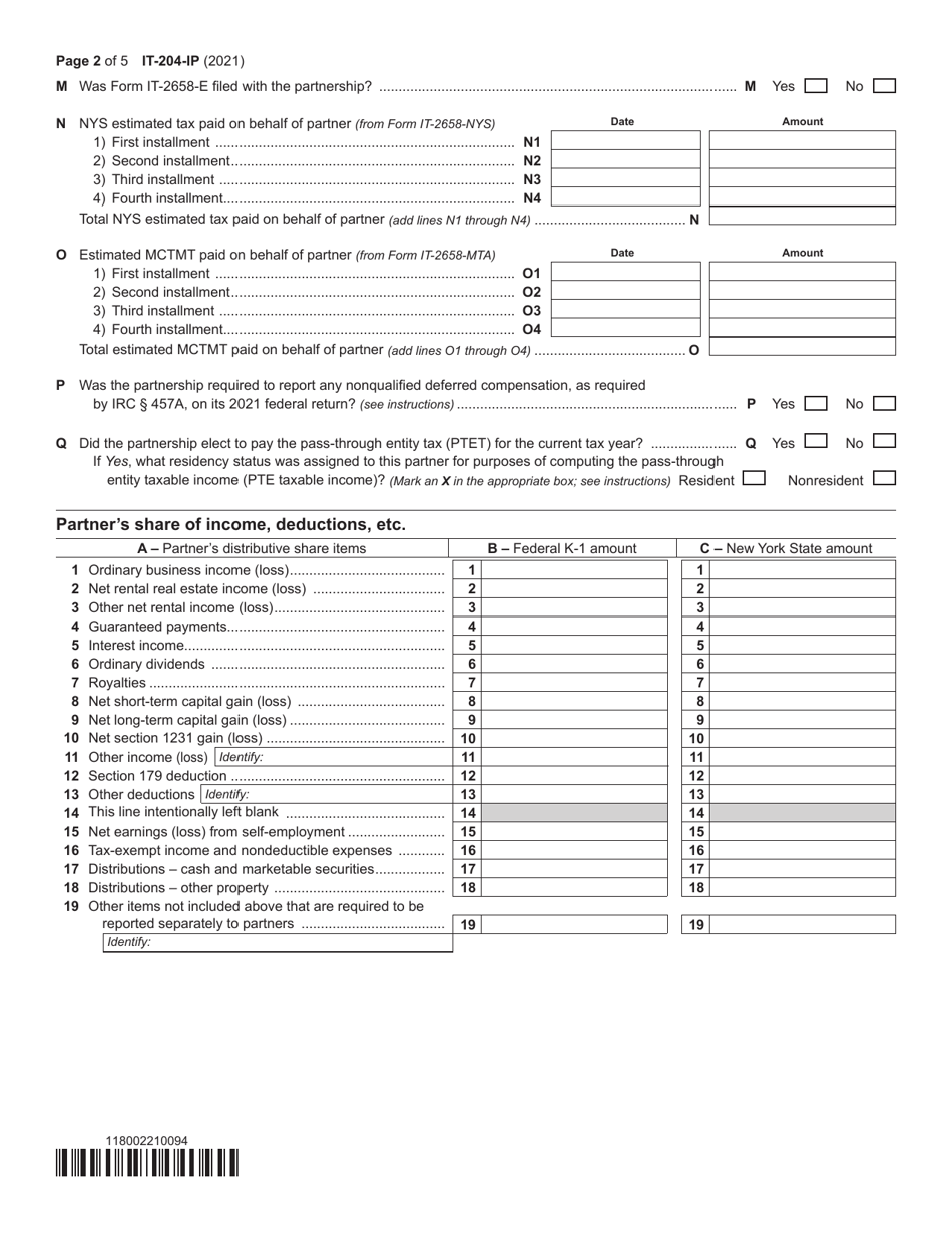Form IT-204-IP Schedule K-1 New York Partners Schedule - New York, Page 2