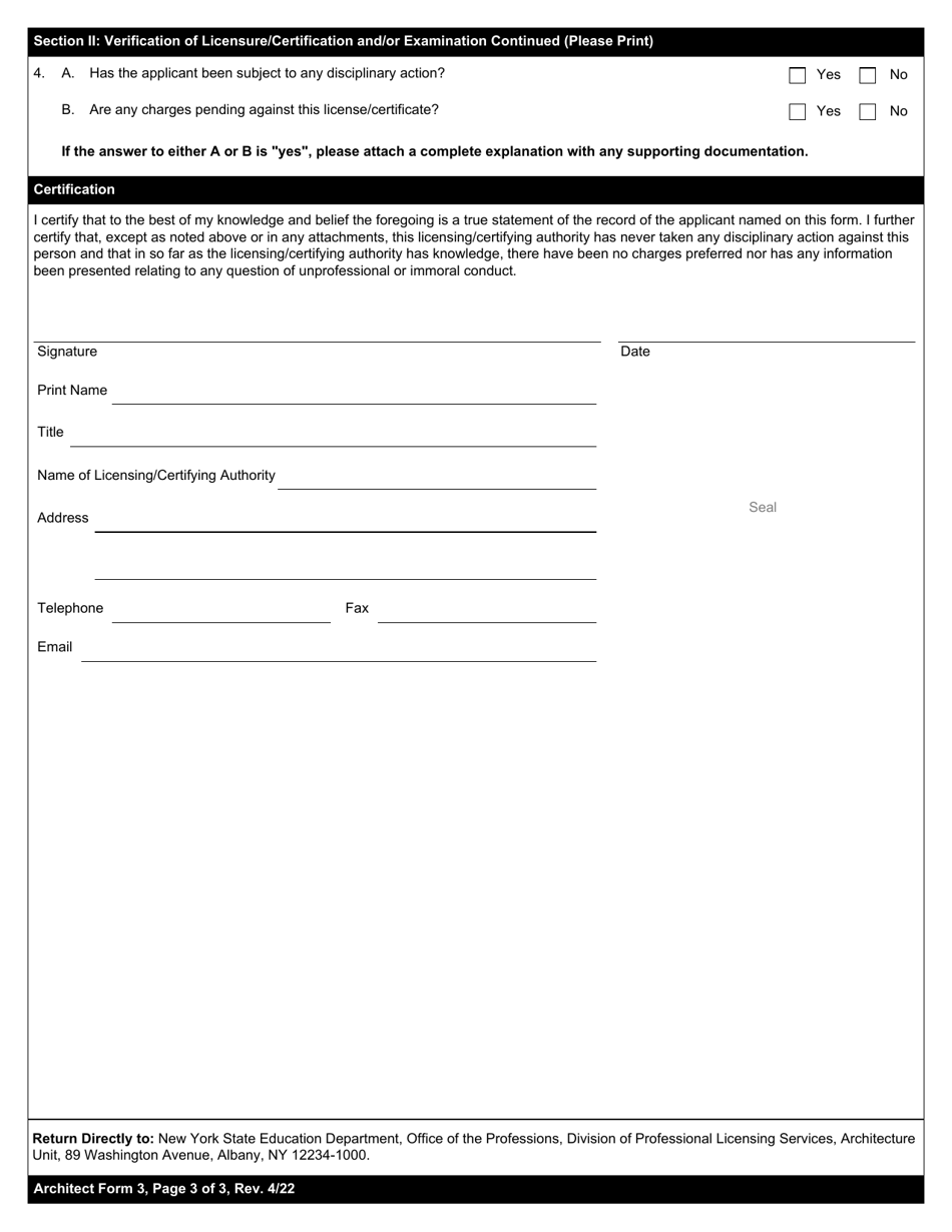 Architect Form 3 Verification of Other Professional Licensure / Certification and / or Examination - New York, Page 3