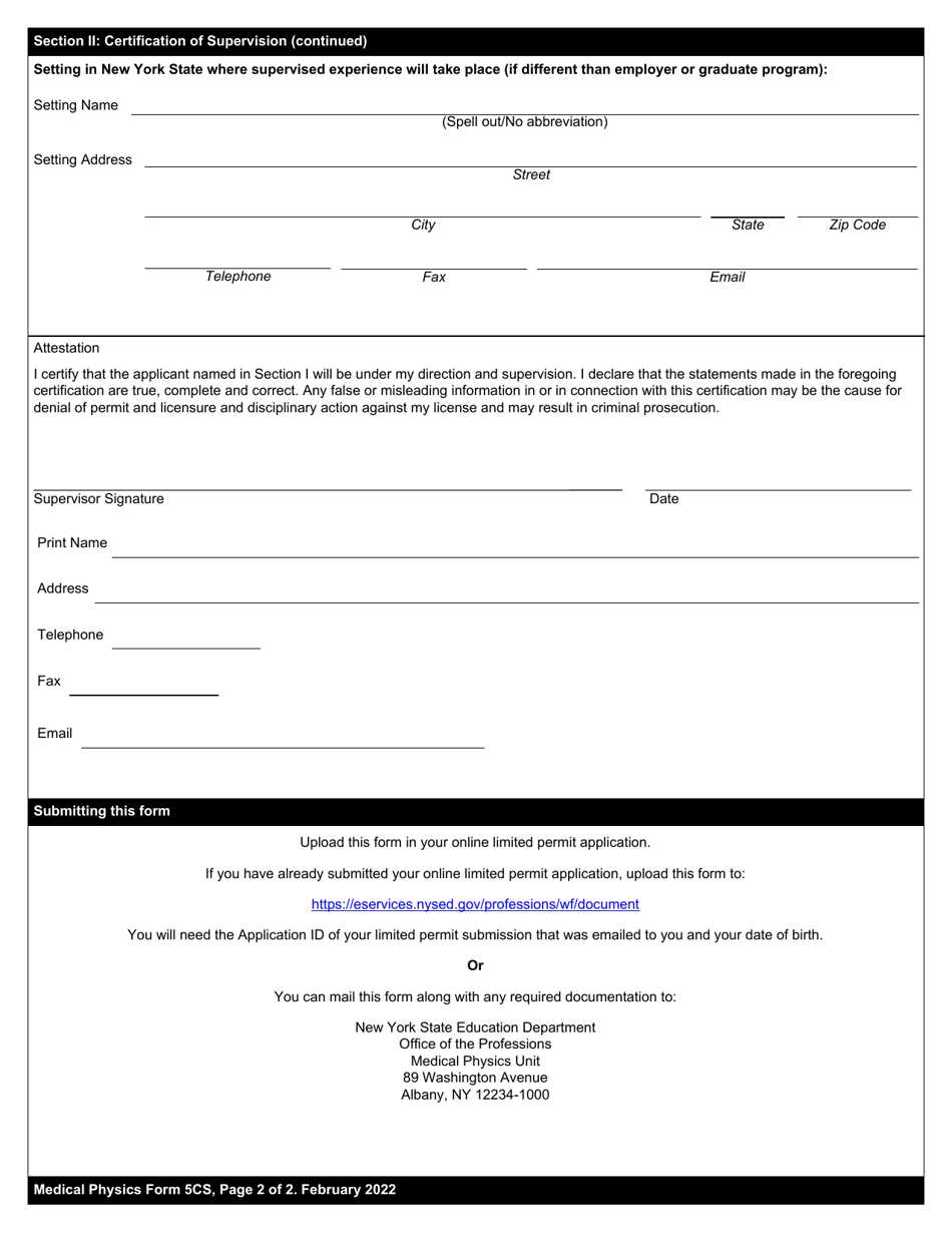 Medical Physicist Form 5CS Certification of Supervisor for Limited Permit - New York, Page 2