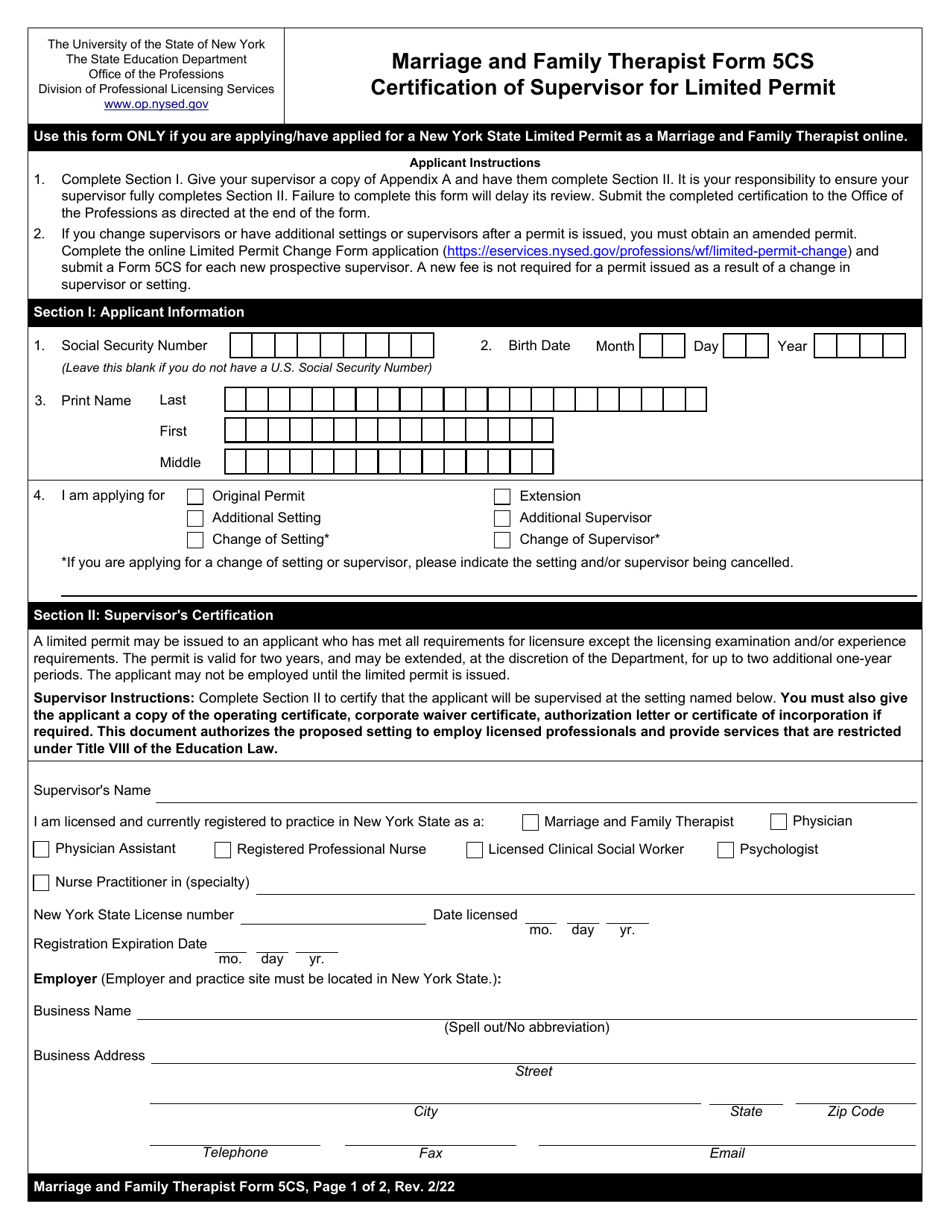 Marriage and Family Therapist Form 5CS Certification of Supervisor for Limited Permit - New York, Page 1