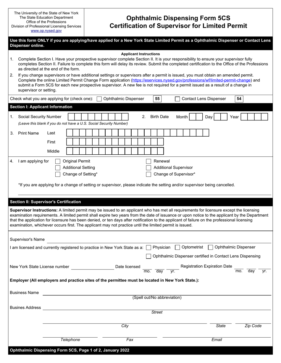 Ophthalmic Dispensing Form 5CS Certification of Supervisor for Limited Permit - New York, Page 1