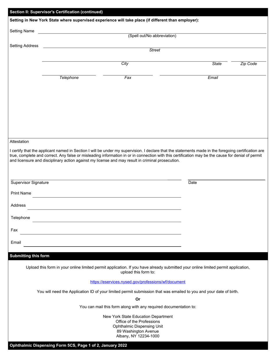 Ophthalmic Dispensing Form 5CS Certification of Supervisor for Limited Permit - New York, Page 2