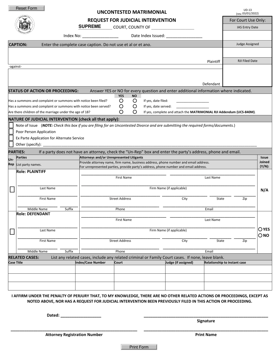 Form UD-13 Download Fillable PDF Or Fill Online Uncontested Matrimonial ...