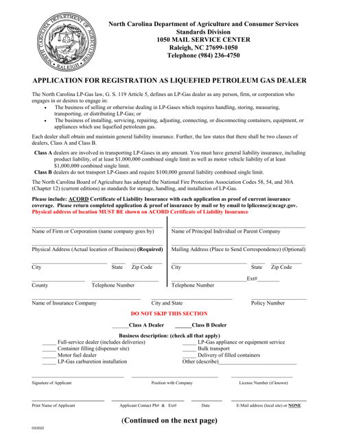 Application for Registration as Liquefied Petroleum Gas Dealer - North Carolina Download Pdf