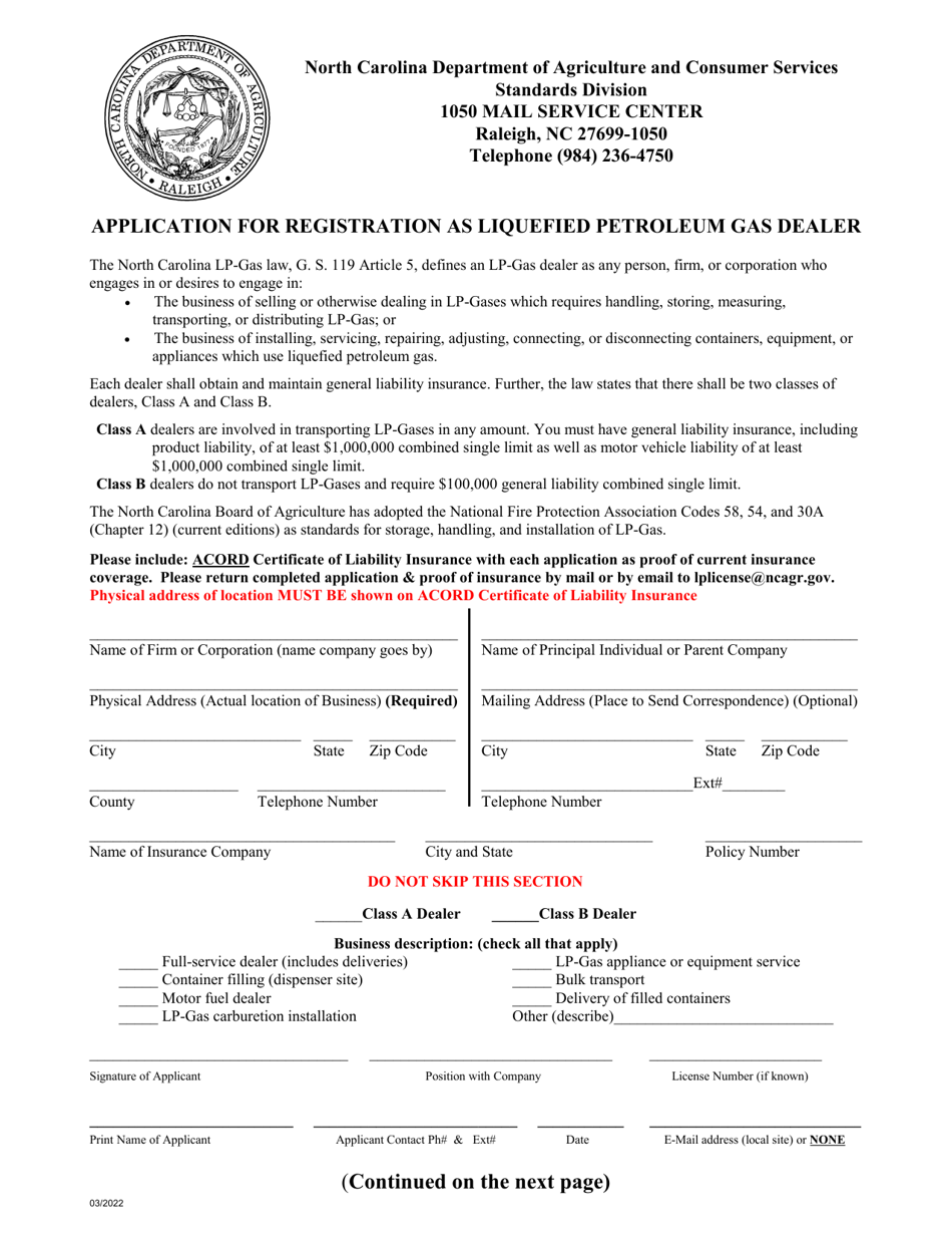 Application for Registration as Liquefied Petroleum Gas Dealer - North Carolina, Page 1